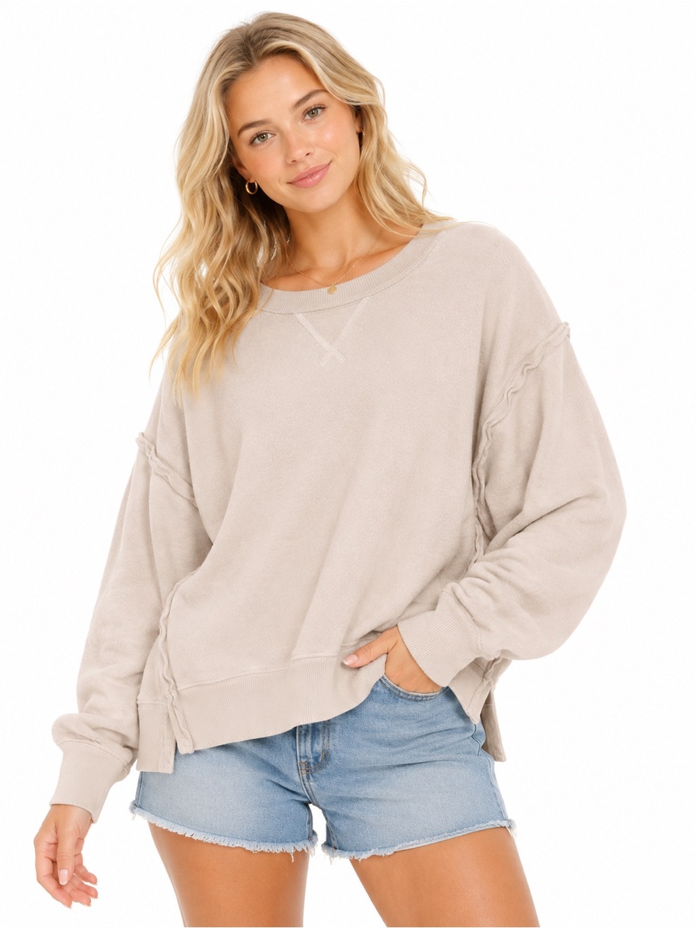 American Eagle Size Small Oversized Relaxed Crewneck Sweatshirt in Light Taupe